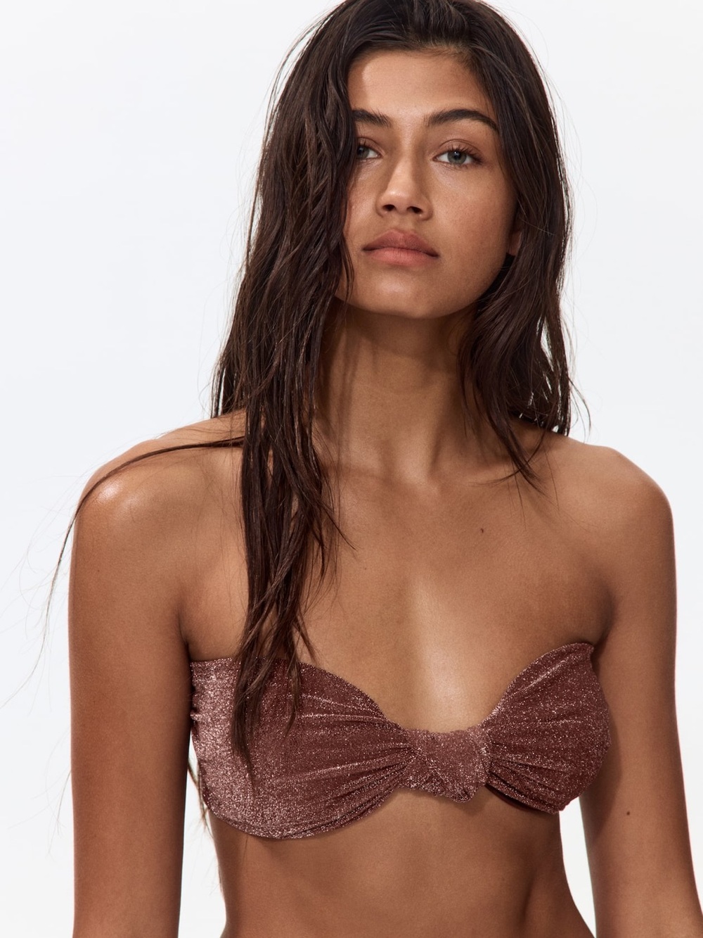 H&M PADDED BANDEAU BIKINI TOP/TIE TANGA BOTTOMS IN BROWN SPARKLE SIZE LARGE